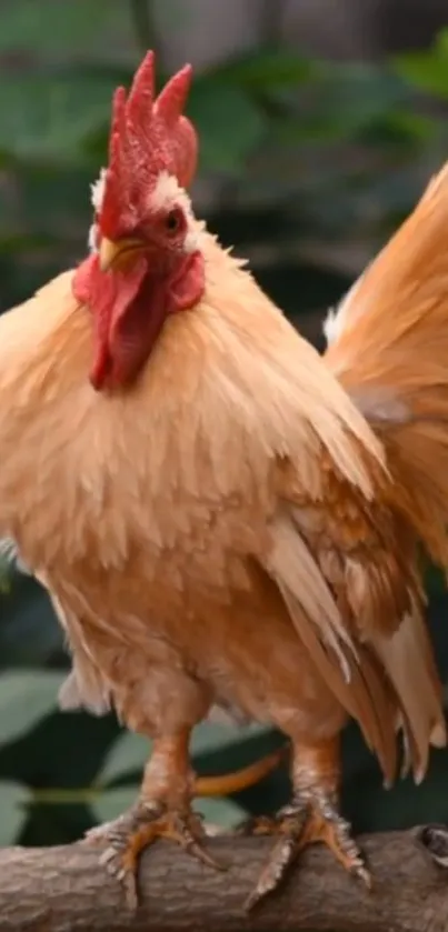 Majestic rooster perched on a branch, showcasing its vibrant plumage.