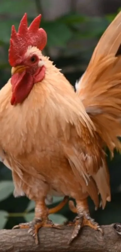 Golden brown rooster perched on a branch amidst greenery.