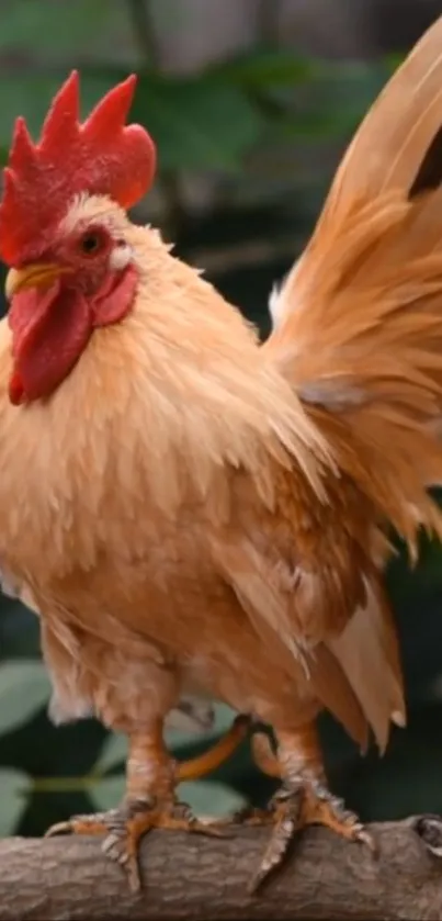 A vibrant rooster perched on a branch with lush background.