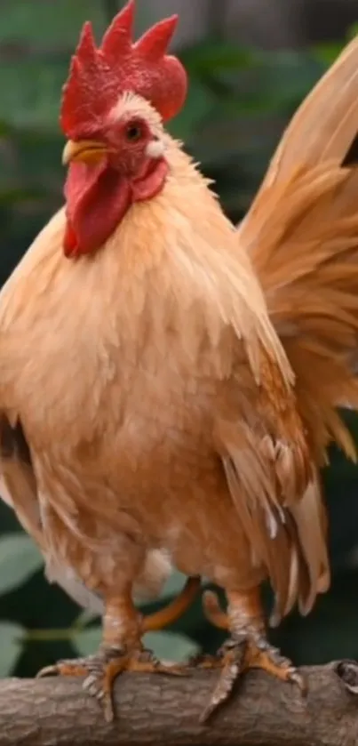 Rooster perched on a branch with lush background.