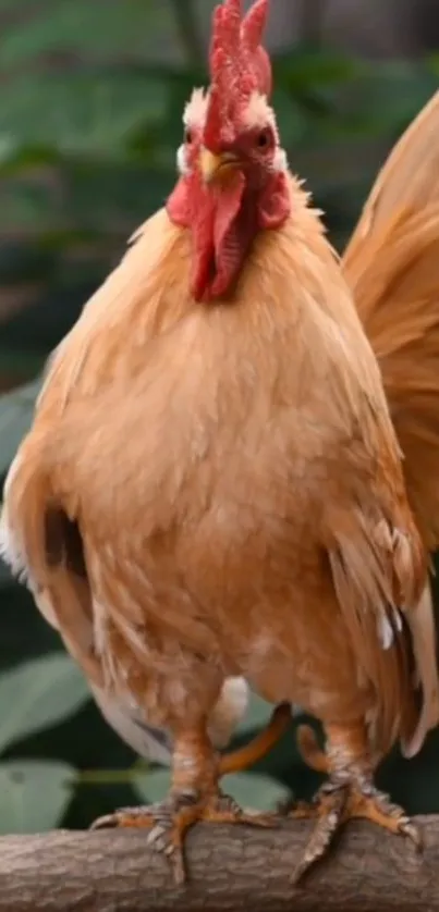 Orange rooster standing majestically on a branch in nature.