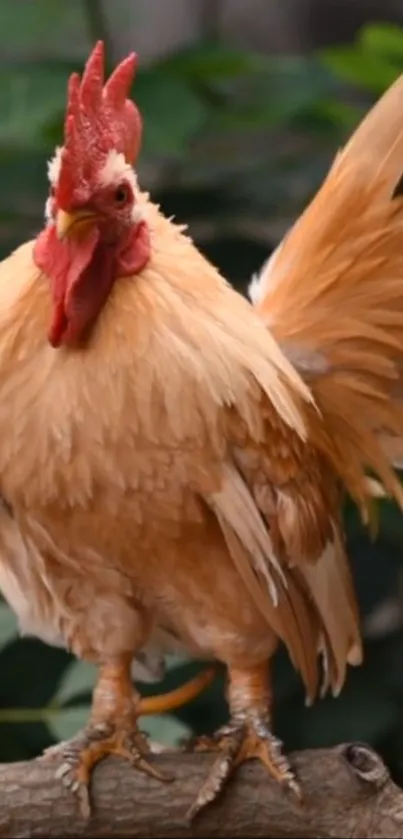 Majestic golden rooster with vibrant feathers on a branch.