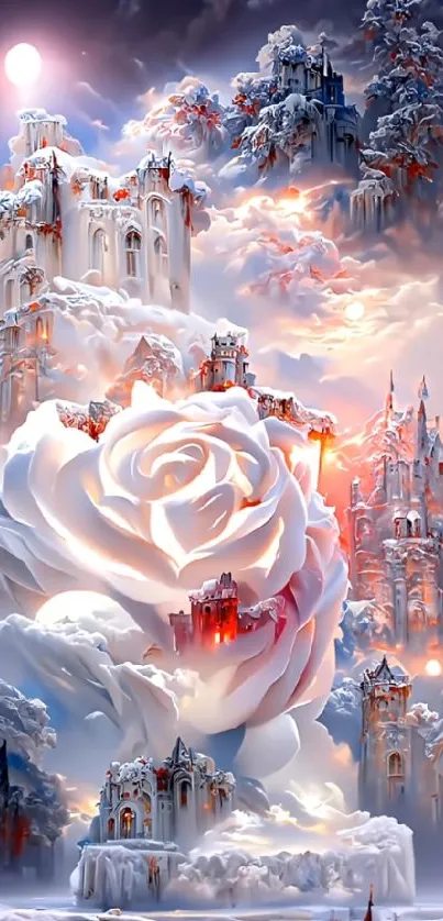 Majestic white rose and fantasy castle under a snowy sky.