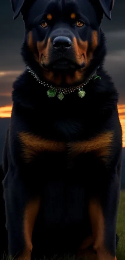 Majestic Rottweiler seated against a sunset backdrop.