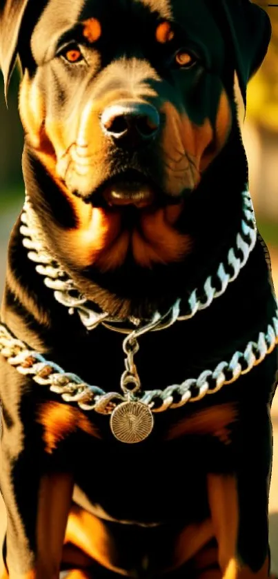 Majestic Rottweiler dog with chain collar portrait.