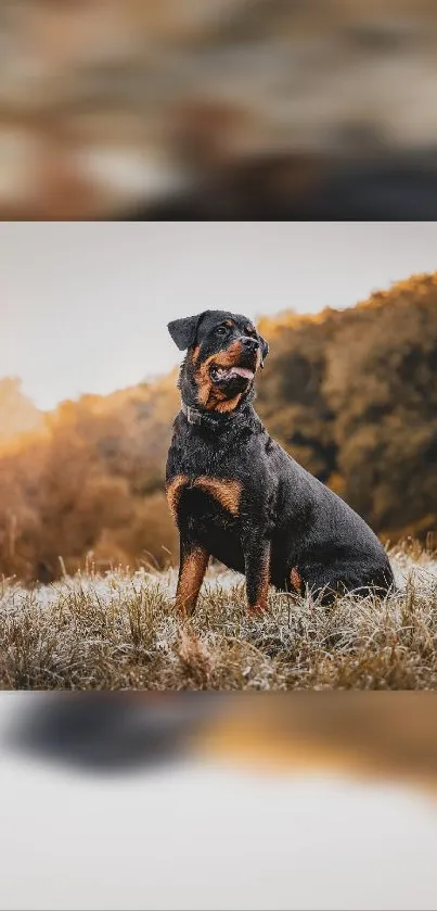 Rottweiler in an autumn landscape with trees in the background.