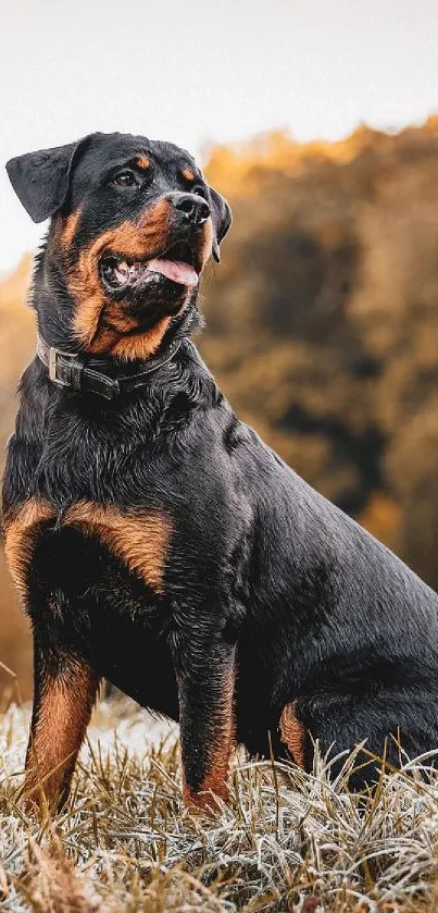 Rottweiler standing in a scenic nature setting with brown and green hues.