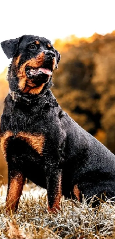 Rottweiler sitting in a sunny outdoor landscape.