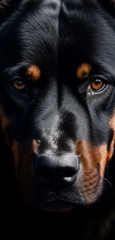 Close-up of a majestic Rottweiler dog with a black and tan coat background.