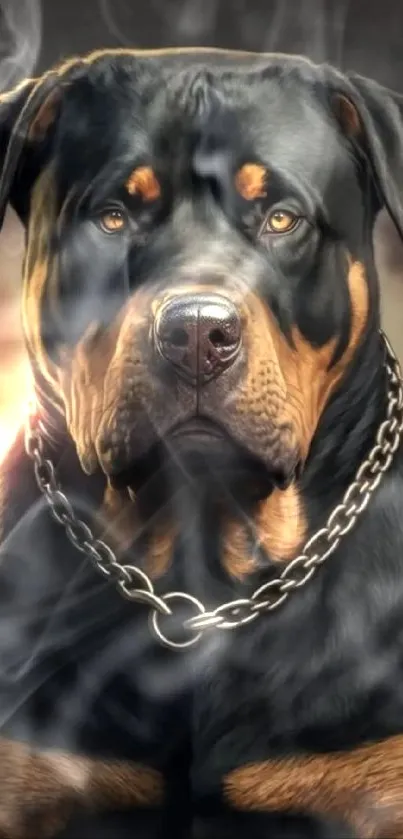 Rottweiler with chain against a backdrop on phone wallpaper.