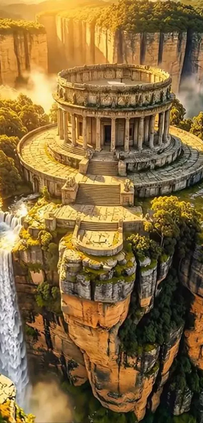 Ancient ruins overlooking a scenic waterfall view.
