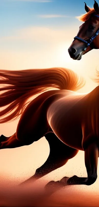 Majestic horse running at sunset in artistic wallpaper.