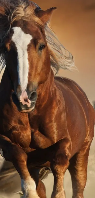 Majestic brown horse running with a sunset background.