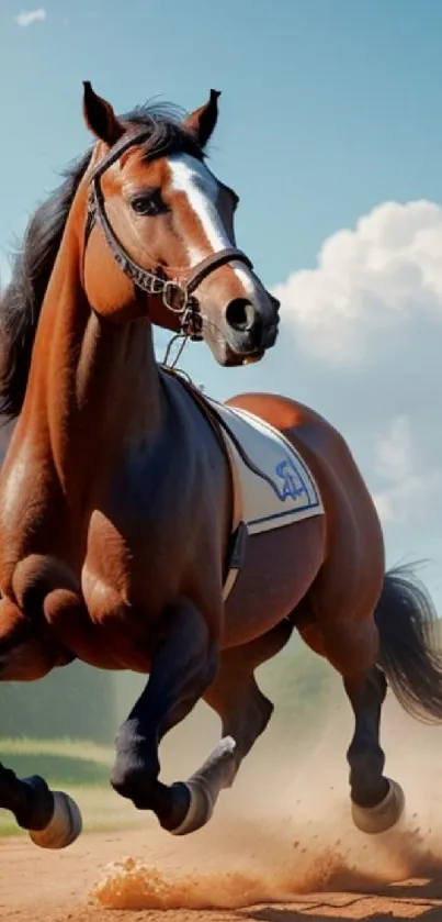 Majestic brown horse galloping on a sandy path with blue sky backdrop.