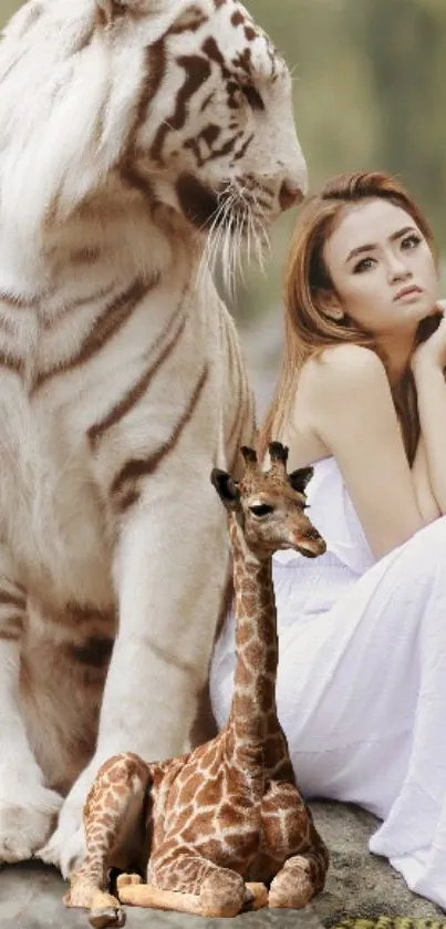 Wallpaper with white tiger, giraffe, and serene figure in nature.