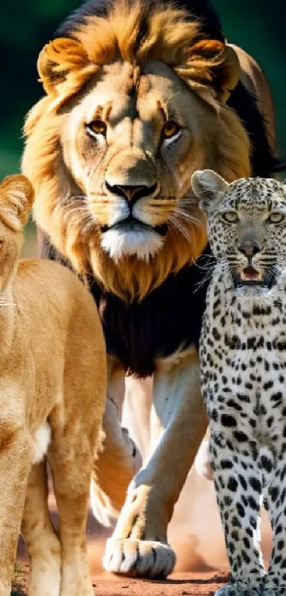 Lion, lioness, and cheetah walking in natural habitat.