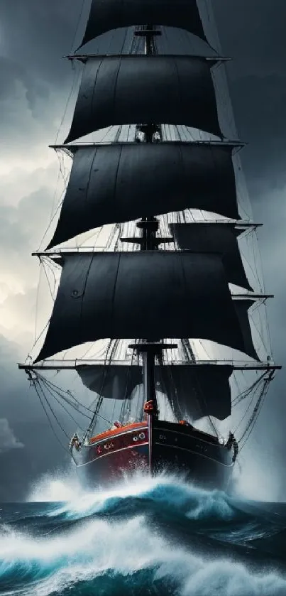 Sailboat navigating a stormy sea with dramatic dark clouds.