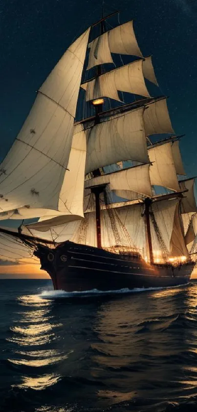 Majestic sailboat on a tranquil ocean at sunset under a starry sky.