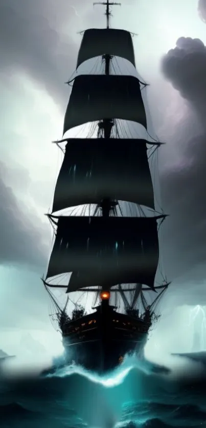 Majestic sailboat navigating a stormy sea with dark clouds and lightning.