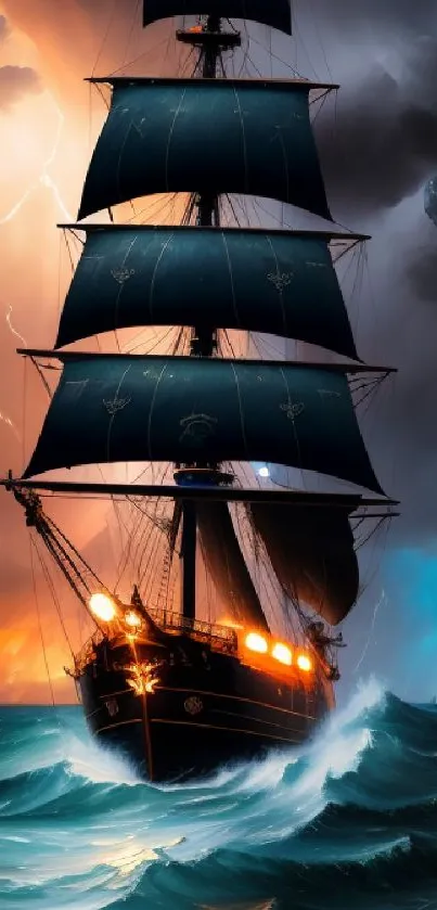 Majestic sailboat navigating stormy seas at sunset with dramatic skies.