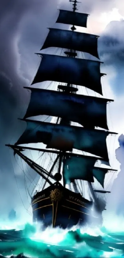 Majestic sailboat in stormy seas with dark clouds overhead.