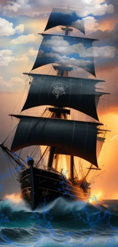 Majestic ship sailing through stormy seas at sunset.