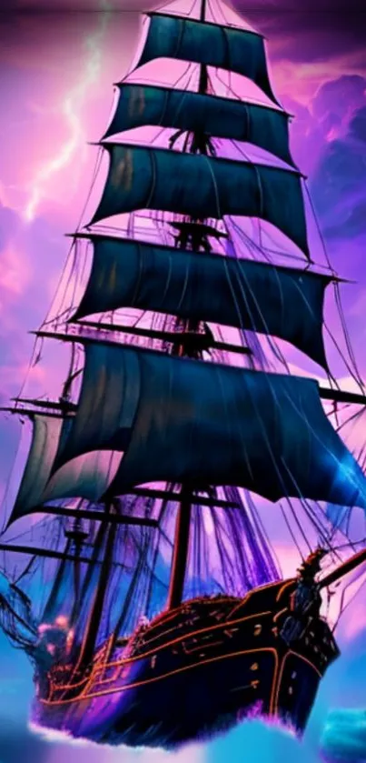 Majestic ship sails under a purple sky.