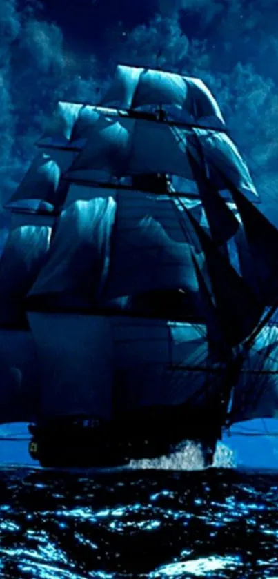 Majestic sailing ship under a midnight blue sky.