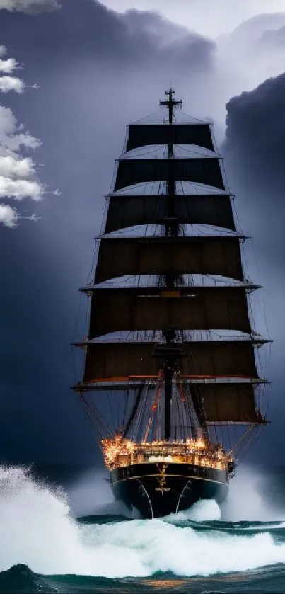 Majestic sailing ship navigating stormy seas, under dramatic clouds.