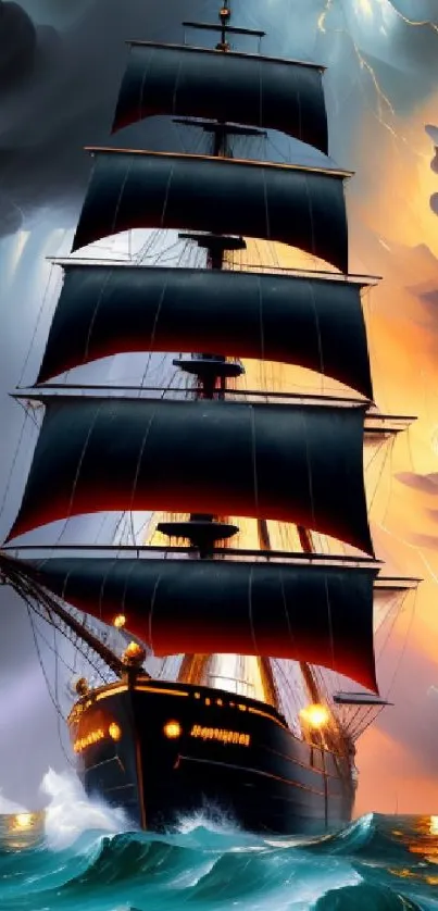 Majestic sailing ship amidst stormy skies and ocean waves at sunset.