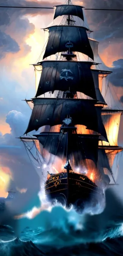 Majestic sailing ship navigating dramatic ocean waves with a vibrant sunset backdrop.