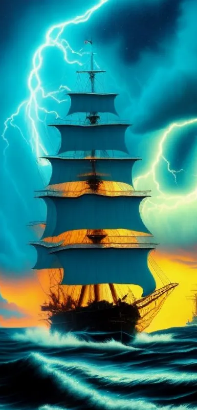 Majestic sailing ship in a stormy sea under vibrant lightning.