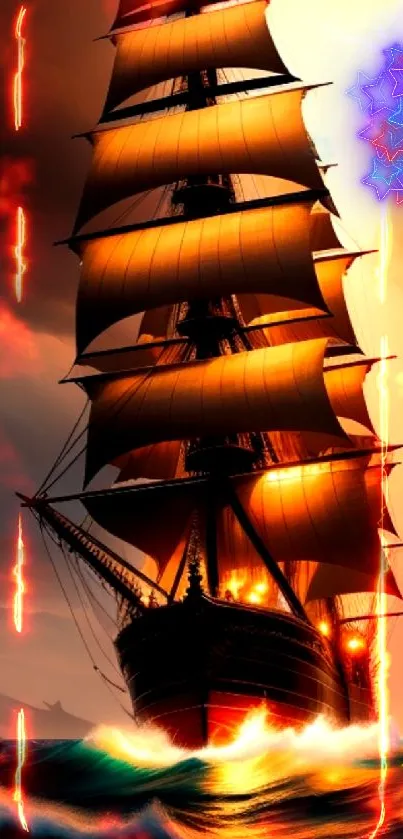 Majestic ship sailing through a vibrant sunset over the ocean.