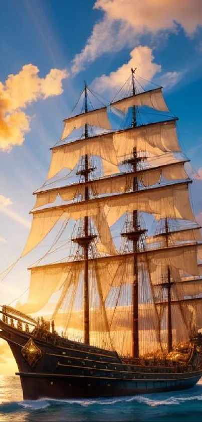 Majestic sailing ship at sunset with golden hues and vibrant clouds.