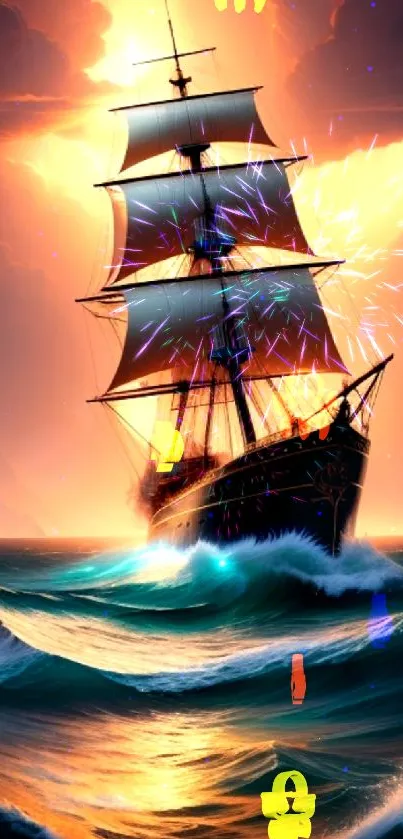 Majestic sailing ship navigating the ocean at sunset with vibrant colors.