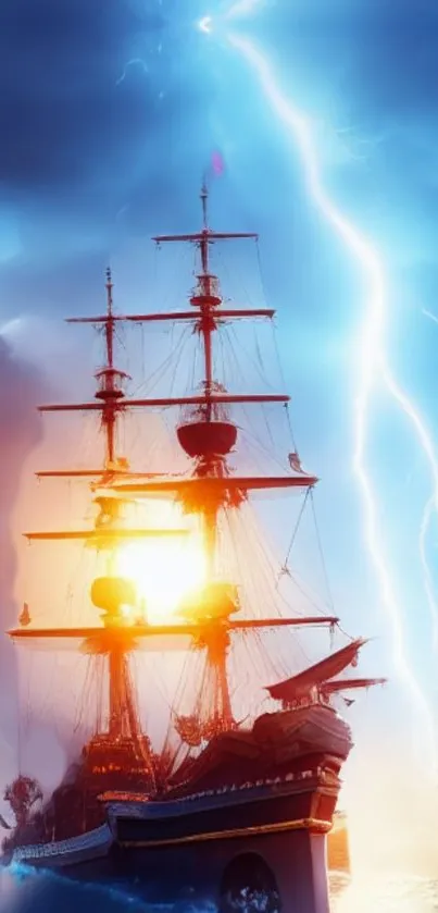 Majestic ship under a vibrant, stormy sky with dramatic lightning.