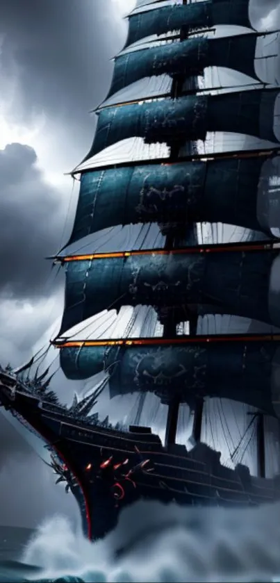 Majestic sailing ship in a stormy ocean with dark blue sails.