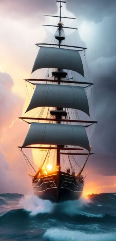 A majestic sailing ship navigates through stormy seas at sunset.