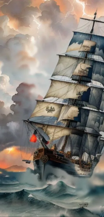 Majestic sailing ship on stormy ocean with dramatic clouds.