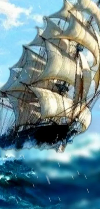 Majestic sailing ship navigating in blue ocean waves.