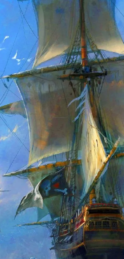 Majestic sailing ship with full sails on a vibrant blue sea at sunset.