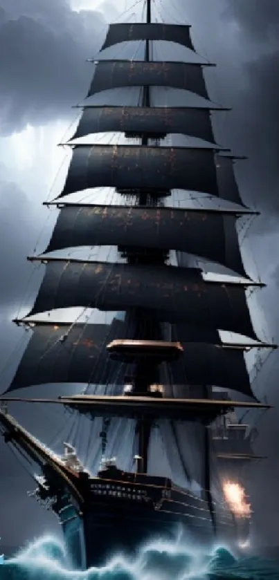 Majestic sailing ship navigating a stormy ocean under cloudy skies.