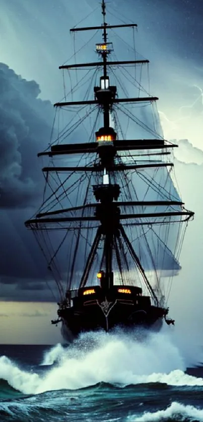 Majestic ship amidst stormy ocean and clouds wallpaper.