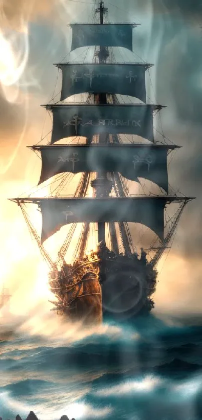 Majestic ship sails through ocean waves under dramatic clouds, perfect for wallpaper.