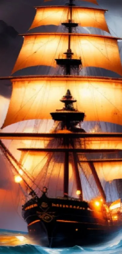 Sailing ship braving stormy seas with glowing sails and dramatic sky.