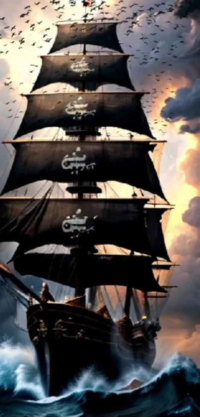 Majestic sailing ship on stormy ocean with seagulls and dramatic sky.