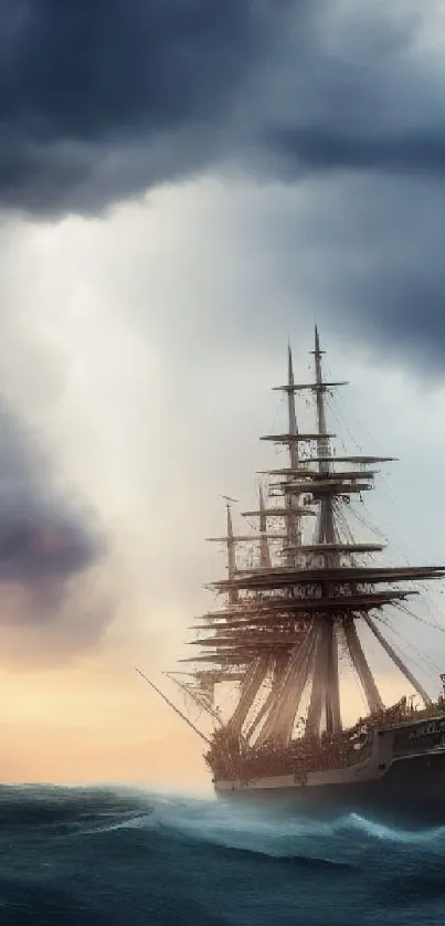 Majestic sailing ship on stormy ocean waves under dramatic sky.