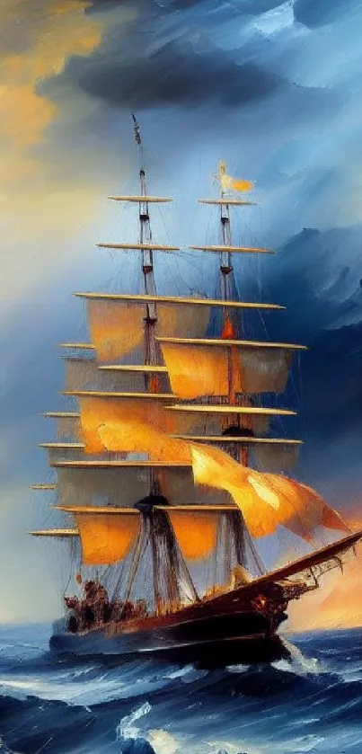 Artistic wallpaper of a majestic sailing ship on vibrant ocean waves.