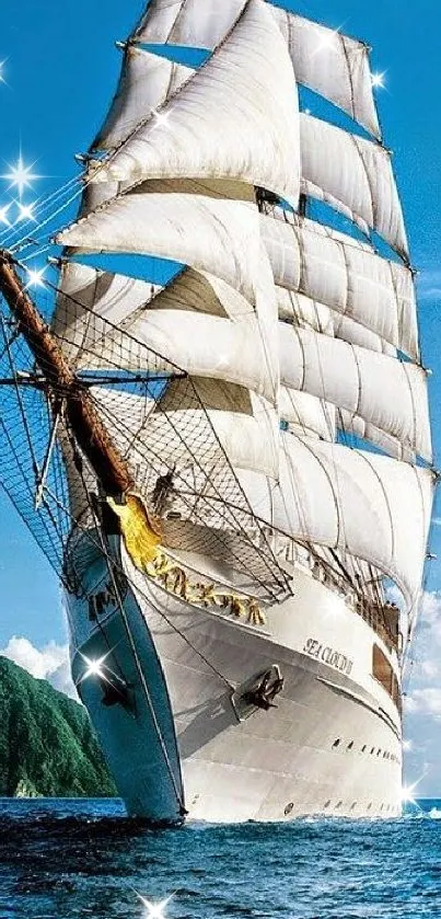 Majestic sailing ship on the ocean under clear blue sky.