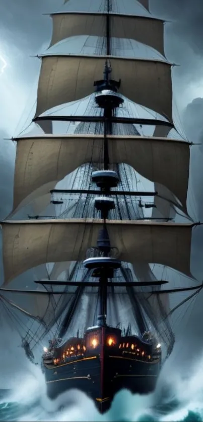 Majestic sailing ship in a stormy sea wallpaper.